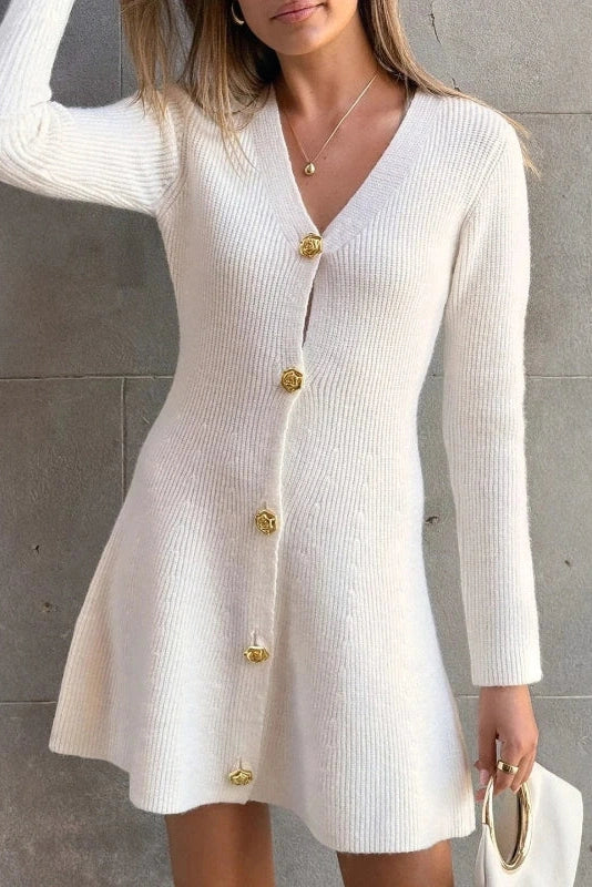 Glorol - Elegant V-Neck Knitted High Waist Long Sleeve A-Line Mini Dress