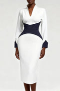 Glorol - Elegant Long Sleeve Bodycon Deep V-Neck Slim Midi Dress