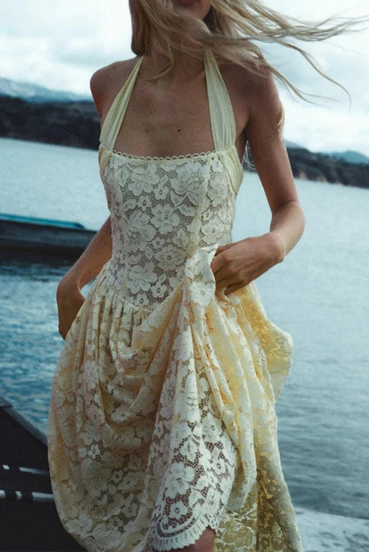 Glorol - Hollow Out Backless Sleeveless Slim Pleated Lace Midi Dress