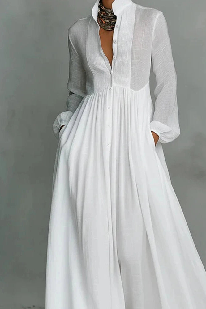 Glorol - Elegant Long Sleeve Pleated High Waist Maxi Dress