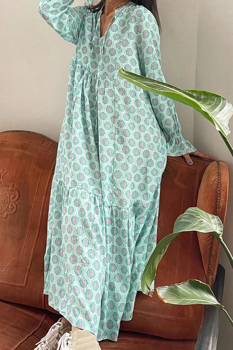 Glorol - Print Tie-Up Long Sleeve V-Neck Maxi Dress