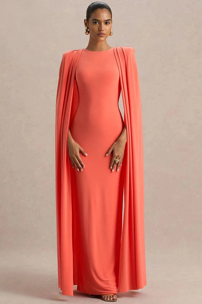 Glorol - Cape Sleeve Zipper O Neck High Waist Split Maxi Dress