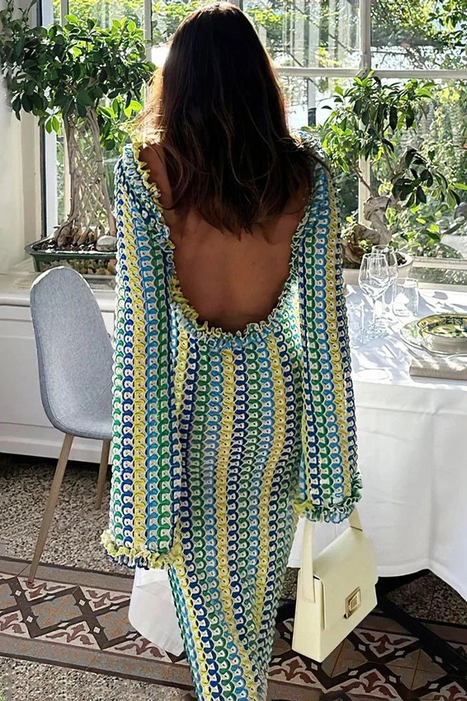 Glorol - Hollow Out Lace Backless Patchwork Loose Maxi Dress
