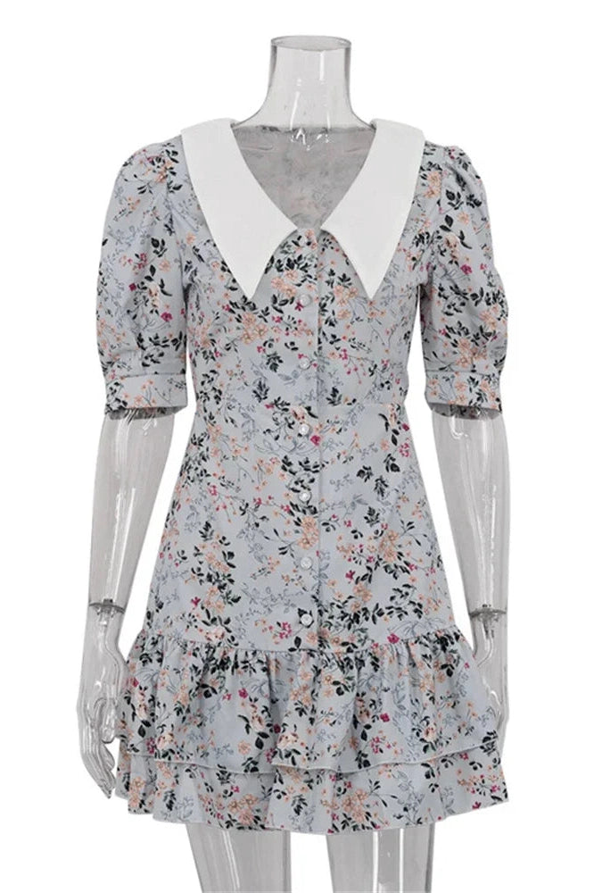 Glorol - Printed V-Neck Short Sleeve Slim High Waist Mini Dress