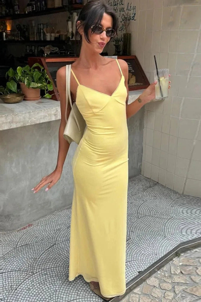 Glorol - Spaghetti Strap Backless Sleeveless Bodycon Maxi Dress
