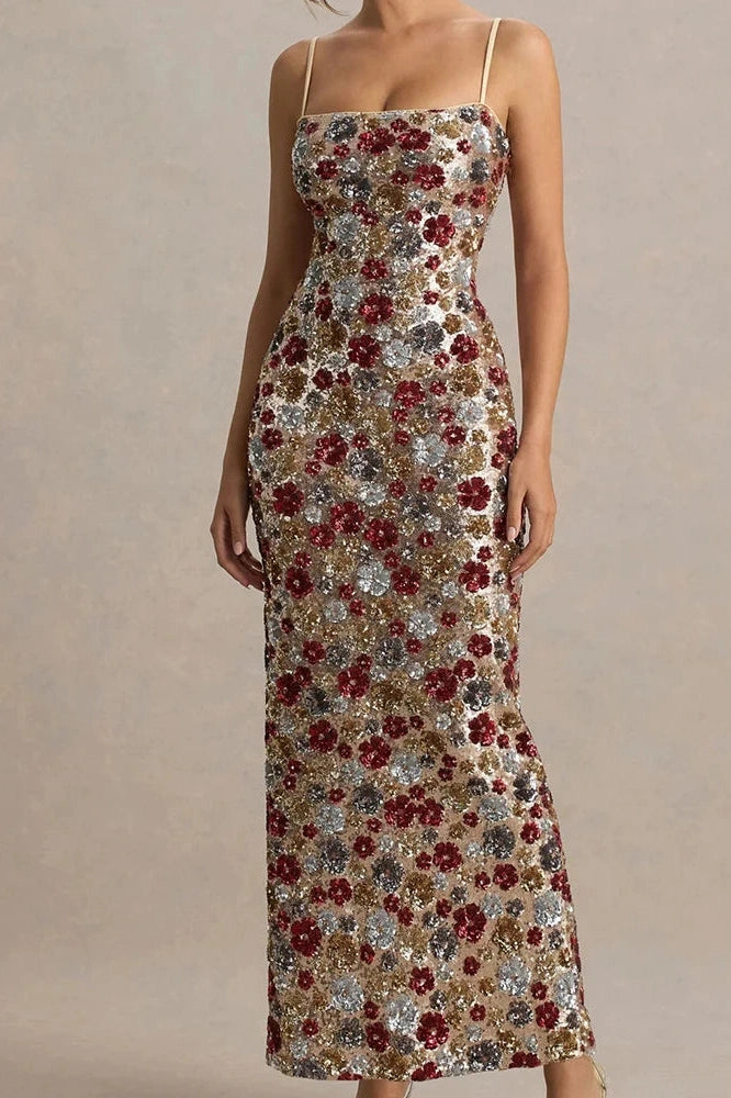 Glorol - Elegant Backless Sleeveless Floral Printed Maxi Dress