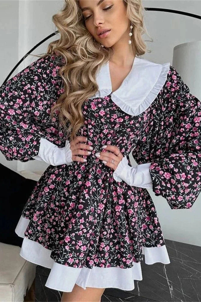 Glorol - Printed V-Neck Slim Long Sleeve Bodycon Mini Dress