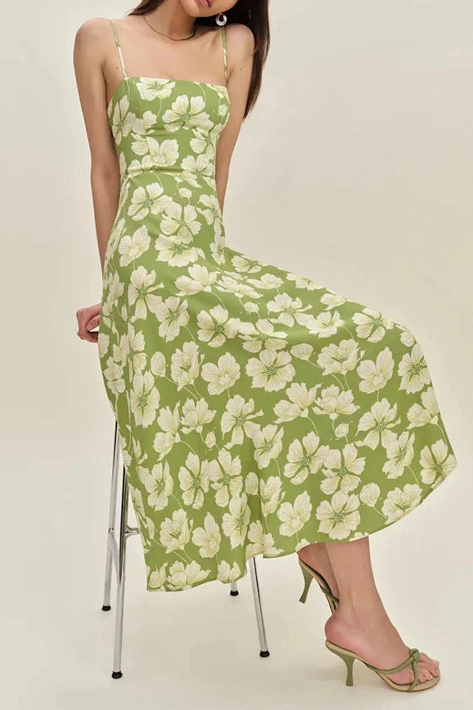 Glorol - Backless Fit Floral Printed Sleeveless High Waist Midi Dress