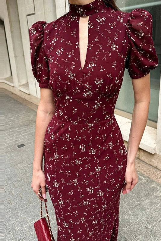 Glorol - Short Sleeve Printed High Collar Slim Maxi Dress