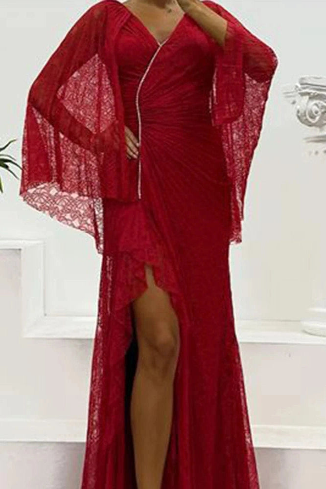 Glorol - Hollow Lace Embroidery V-Neck Slim Split High Waist Maxi Dress