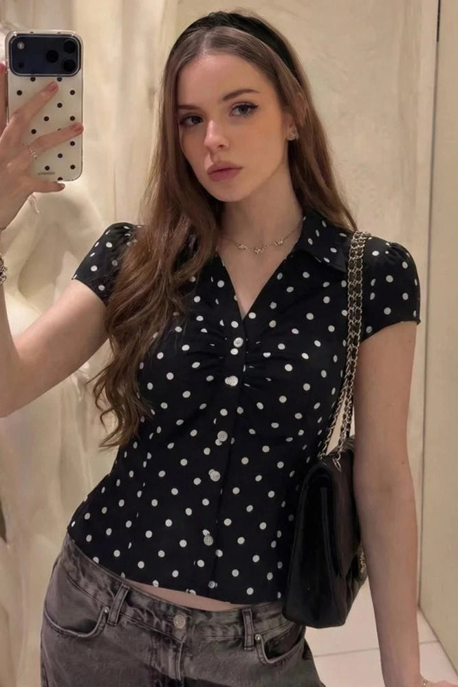 Glorol - Polka Dot Short Sleeve Single-Breasted Lace-Up Top