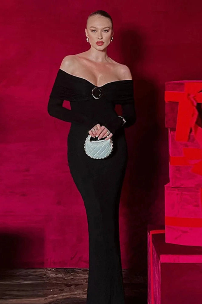 Glorol - Off-shoulder Strapless Long Sleeve Backless Maxi Dress