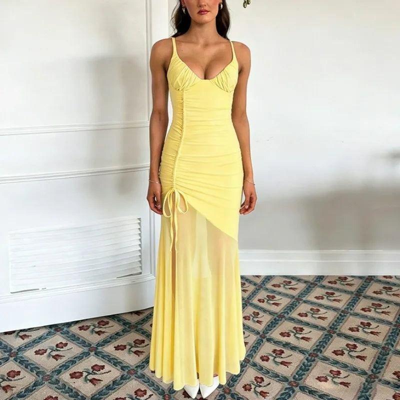 Glorol - Lace-Up See Through Backless Maxi Dress