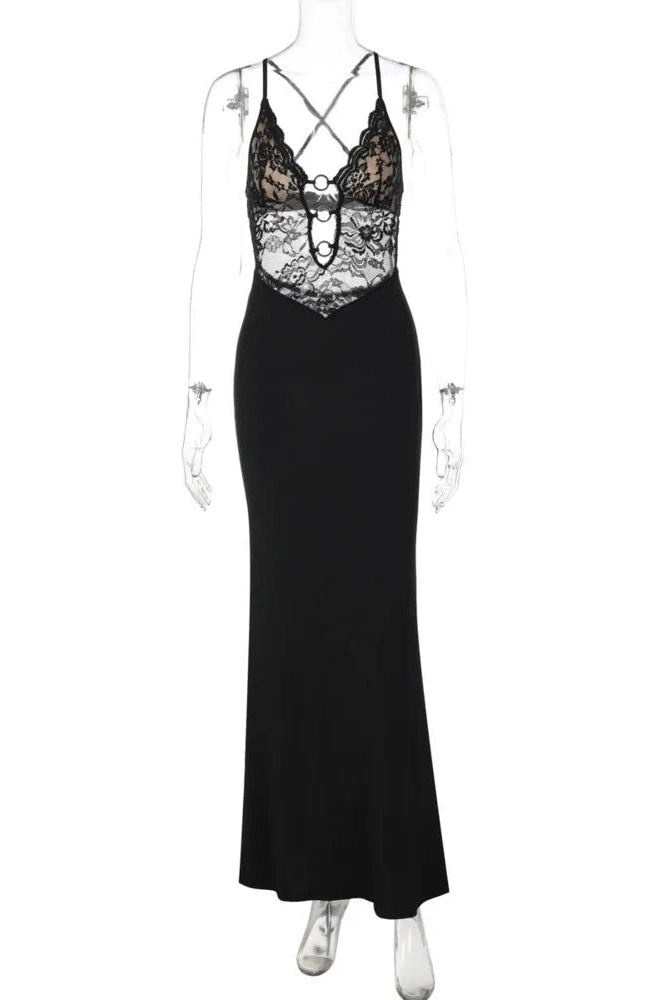Glorol - Lace Spaghetti Strap Deep V Neck Sleeveless Backless Bodycon Maxi Dress