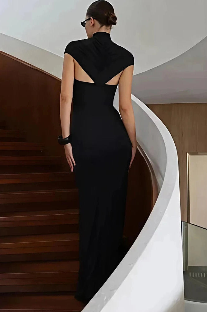 Glorol - Elegant Turtleneck Short Sleeve Maxi Dress