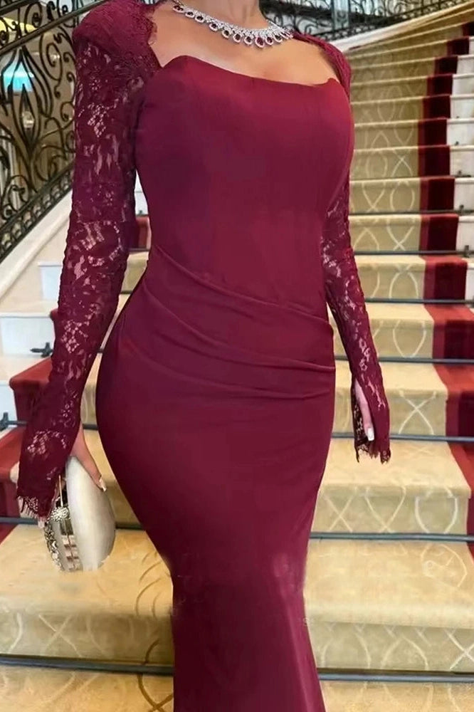 Glorol - Long Sleeve Pleated Bodycon Square Collar Lace Slim Maxi Dress
