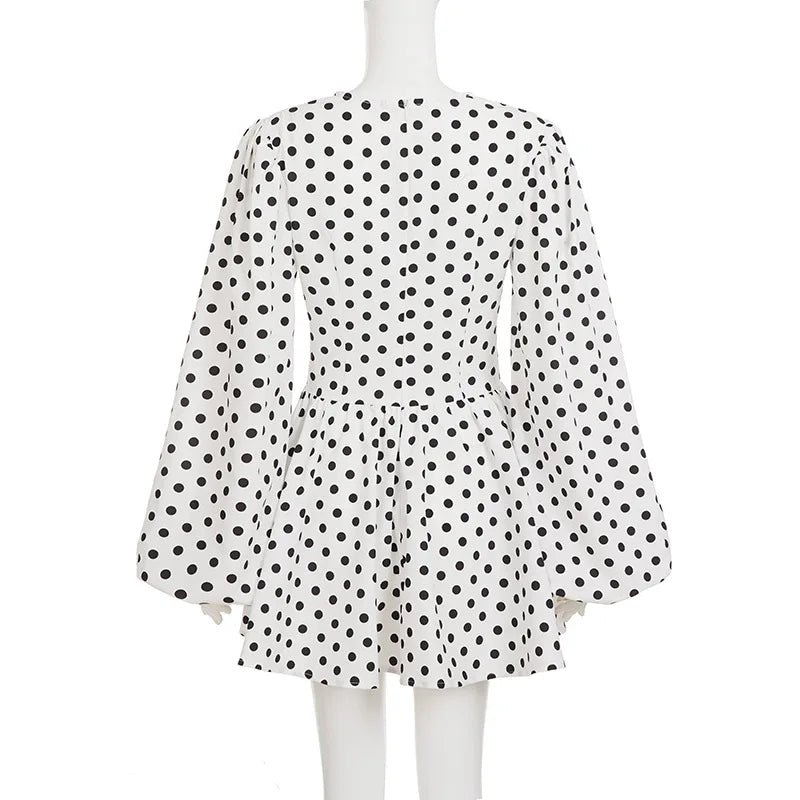 Glorol - Polka Dot Print Deep V-Neck Single-Breasted Mini Dress