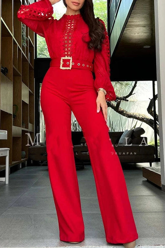 Glorol - High Waist Mesh Hollow Out Wide Leg Jumpsuit