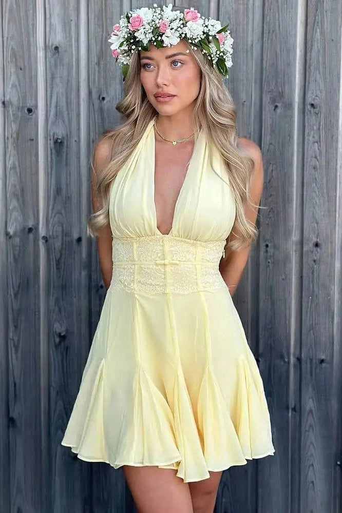 Glorol - Backless Lace V Neck Sleeveless High Waist A-line Mini Dress