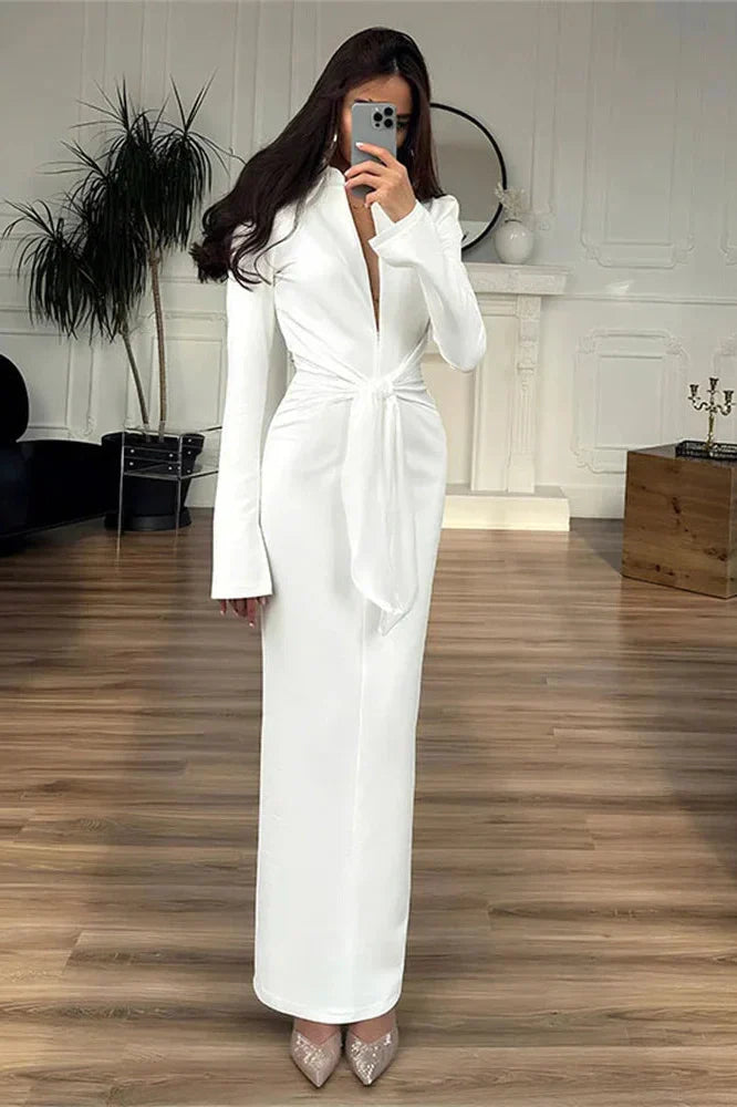 V-Neck Lace-Up High Waist Zipper Maxi Dress