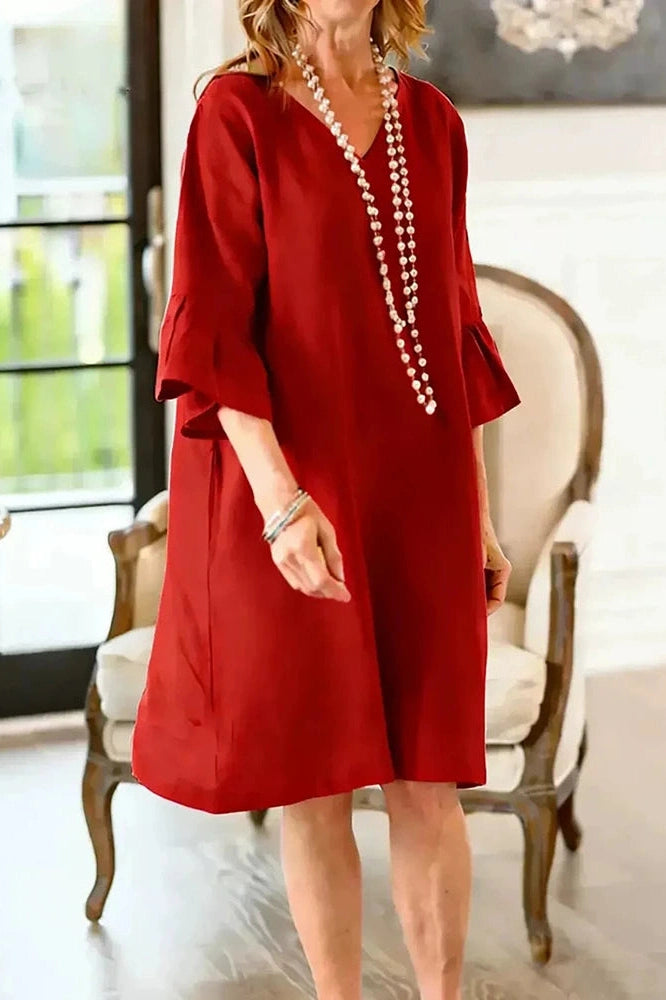 Glorol - Half Sleeve V-Neck Loose Pleated A-Line Mini Dress