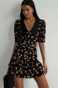 Glorol - Printed V-Neck Short Sleeve Slim High Waist Mini Dress