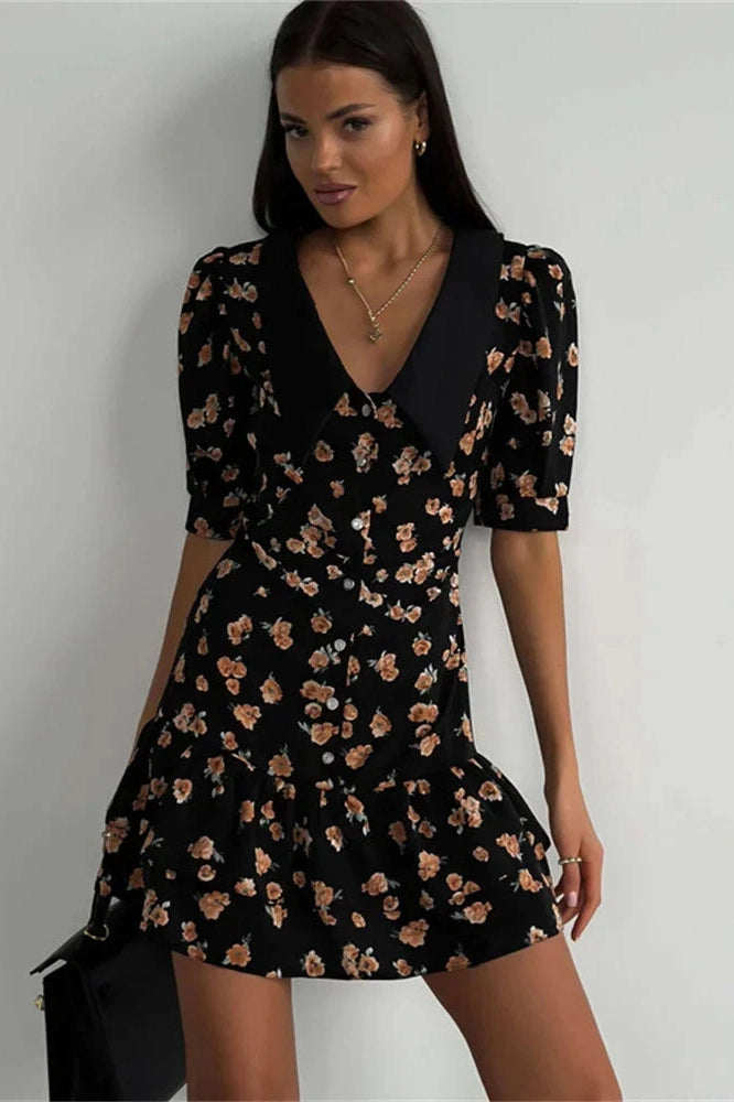 Glorol - Printed V-Neck Short Sleeve Slim High Waist Mini Dress