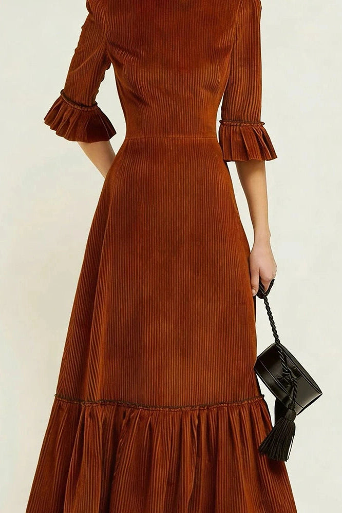 Glorol - Elegant Half Sleeve Pleated High Waist Slim Maxi Dress