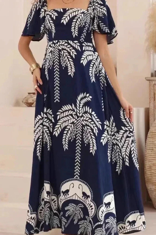 Square Collar Backless High Waist Pleated Printed Maxi Dress