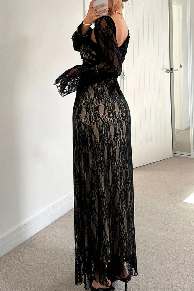Glorol - Flare Sleeve Pleated Slim Slash Collar Lace Embroidery Maxi Dress