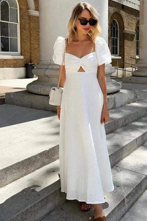 Glorol - Hollow Out Cotton Square Collar Puff Sleeve Slim A-Line Maxi Dress