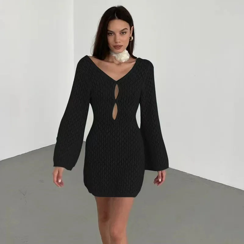 Glorol - Hollow Out Long Sleeve Backless Mini Dress