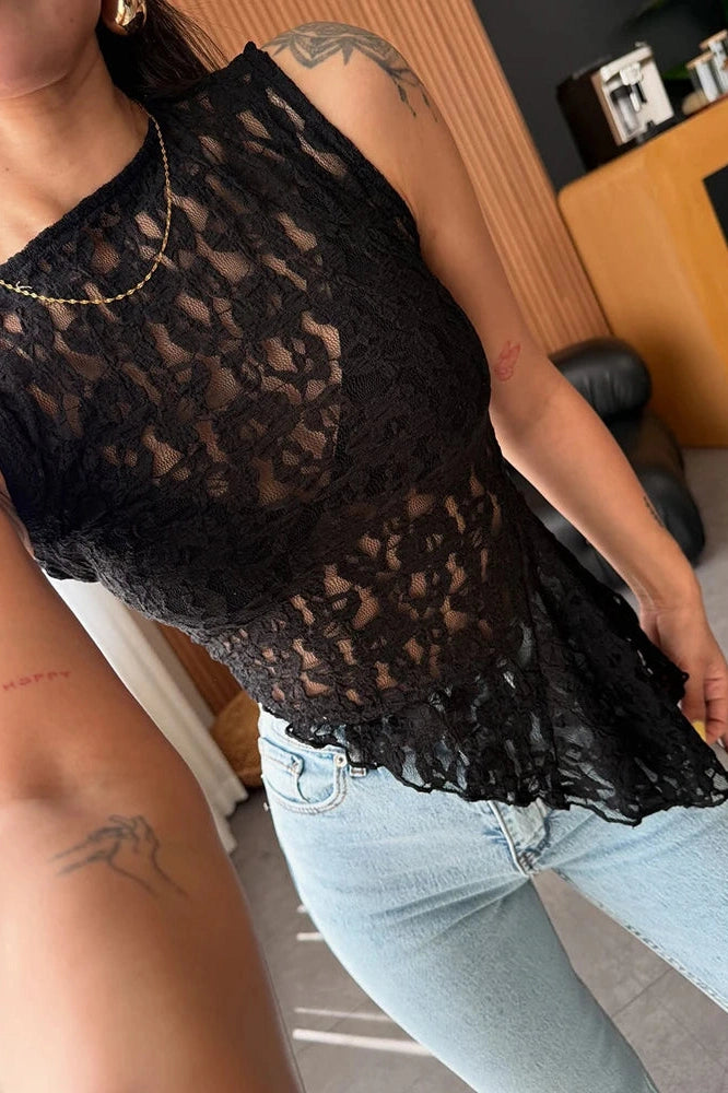 Glorol - See Through Lace O-Neck Sleeveless Irregular Top