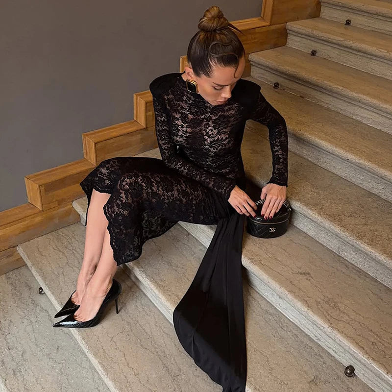 Glorol - Long Sleeve Slim See Through Lace Up Midi Dress