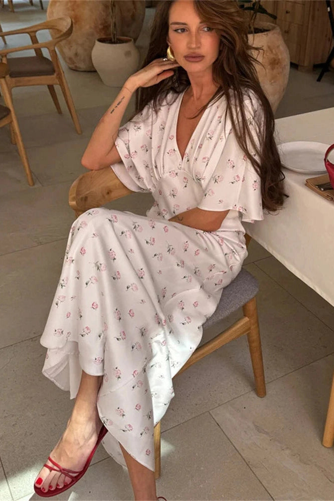 Glorol - Printed V-Neck High Waist Slim Maxi Dress