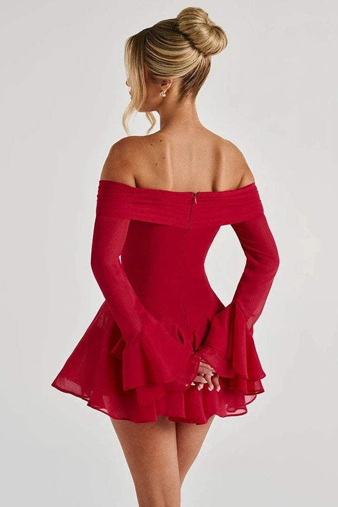 Glorol - Strapless Long Sleeve Off-Shoulder  High Waist A-line Mini Dress