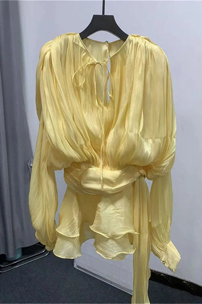 Glorol - Elegant Pleated Long Sleeve High Waist Mini Dress