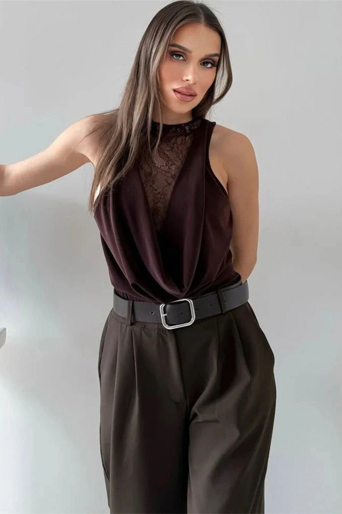 Glorol - Lace See-Through Sleeveless Patchwork Top