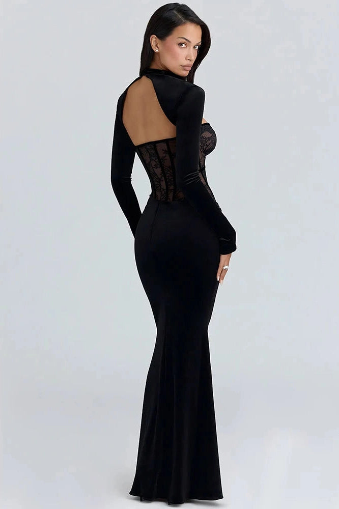 Glorol - Long Sleeve Backless Lace Printed Bodycon Maxi Dress