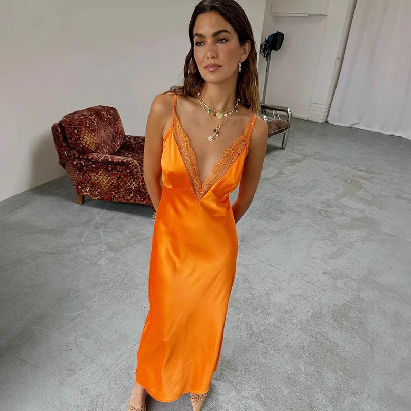 Glorol - Lace Spaghetti Strap Deep V Neck Bodycon Maxi Dress