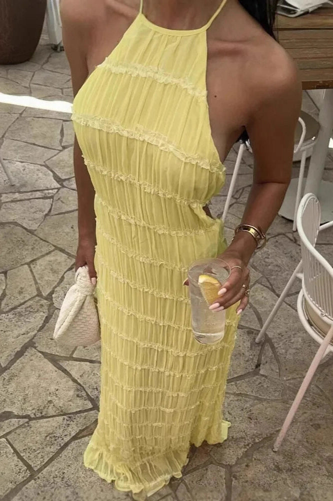 Glorol - Backless Lace-up Sleeveless Pleated Maxi Dress