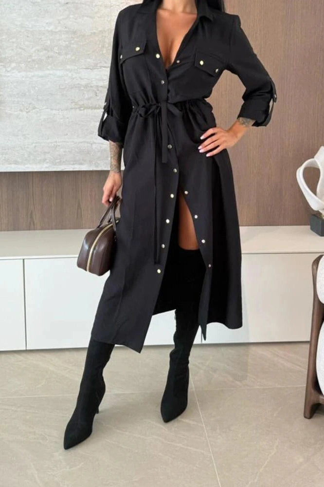 Glorol - Elegant Single Breasted Lace Up High Waist Midi Dress
