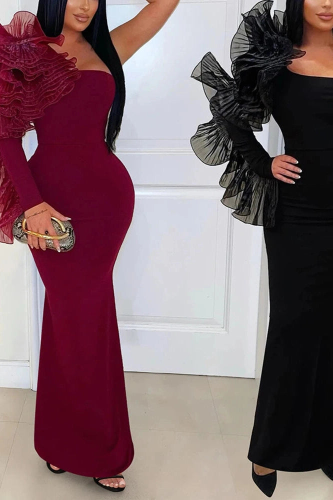 Glorol - Elegant One-Shoulder Sleeve Slash Collar Slim Pleated Maxi Dress