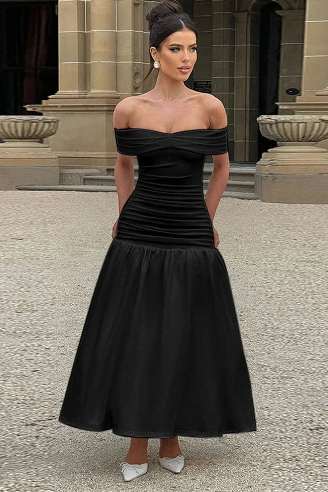 Glorol - Slim Off-Shoulder Sleeveless High Waist A-Line Maxi Dress