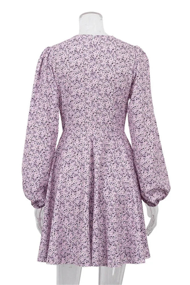 Glorol - Hollow Out V-Neck Printed Long Sleeve Patchwork Mini Dress