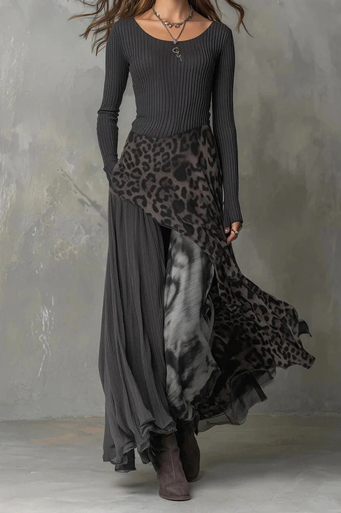 Glorol - Pleated Knitted O-Neck Printed Long Sleeve High Waist Maxi Dress