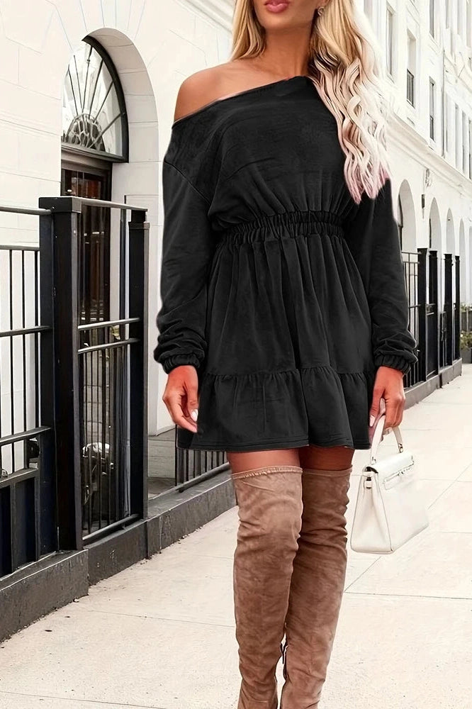 Glorol - Slash Collar High Waist A-Line Long Sleeve Mini Dress