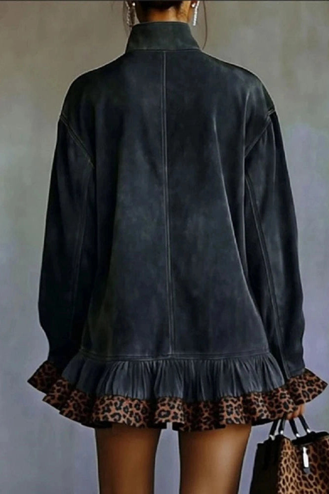 Glorol - Leopard Printed High Collar Long Sleeve Loose Mini Dress