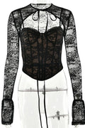 Glorol - Hollow Out Lace Long Sleeve Slim Top