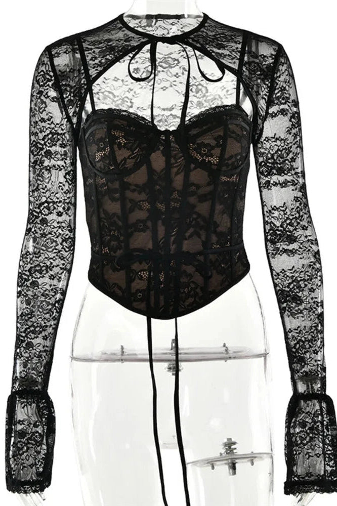 Glorol - Hollow Out Lace Long Sleeve Slim Top